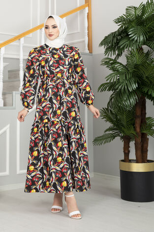 Lale Desenli Elbise 100MD-10546 Siyah - Thumbnail