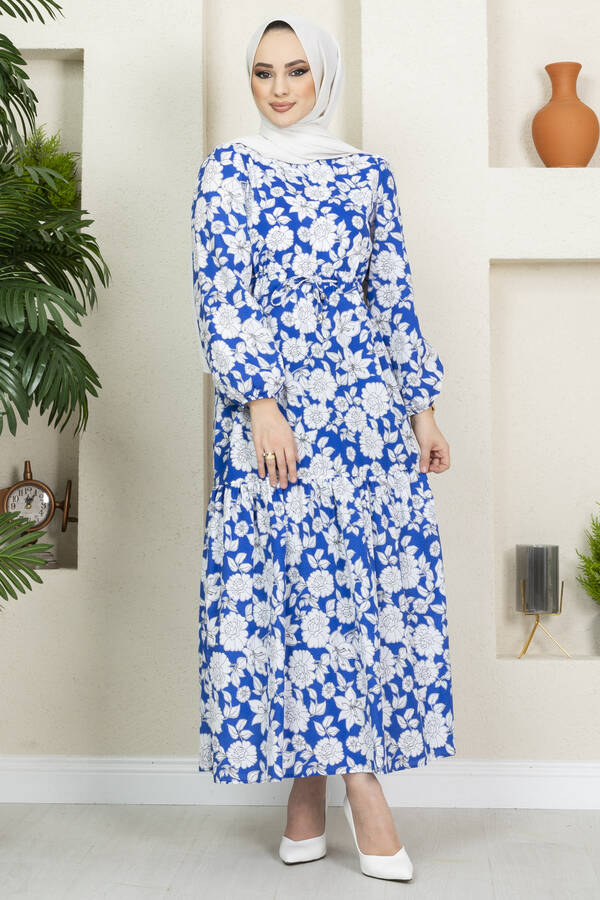 MD - Çiçek Desenli Elbise 100MD-10546 Saks