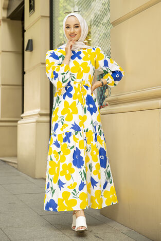 Çiçek Desenli Tesettür Elbise 100MD-10546 Sarı - Thumbnail