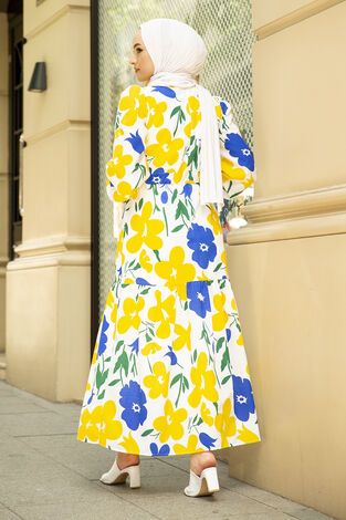 Çiçek Desenli Tesettür Elbise 100MD-10546 Sarı - Thumbnail