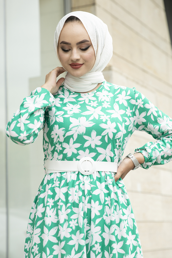 NY - Çiçek Desenli Elbise 120NY-5119 Yeşil (1)