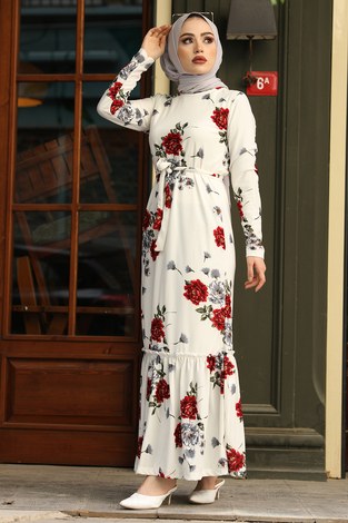 Çiçek Desenli Elbise 13515-1 Kırmızı - Thumbnail