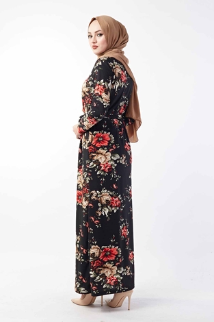 Çiçek Desenli Elbise 190E85934-1 Siyah - Thumbnail