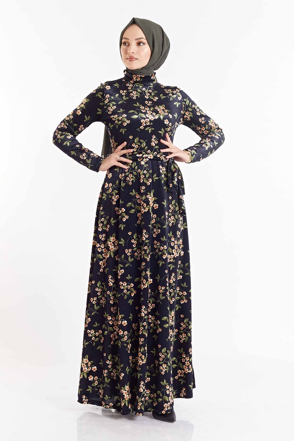 Çiçek Desenli Kadife Elbise 180SB8818 Lacivert-Sarı