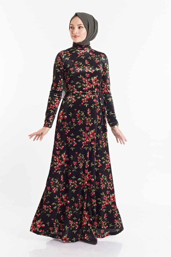 Çiçek Desenli Kadife Elbise 180SB8818 Siyah-haki