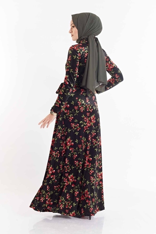 Çiçek Desenli Kadife Elbise 180SB8818 Siyah-haki - Thumbnail