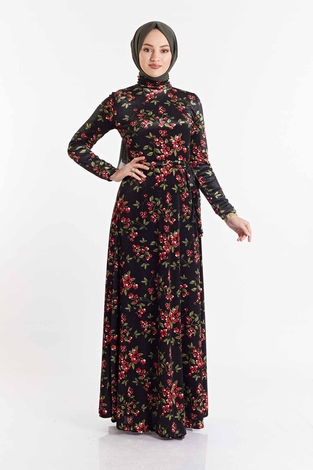Çiçek Desenli Kadife Elbise 180SB8818 Siyah-haki - Thumbnail