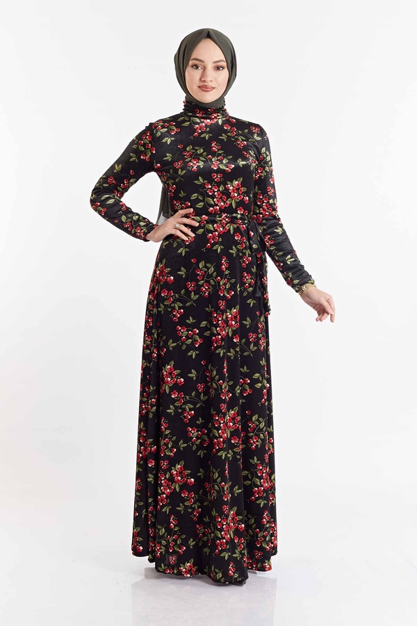 Çiçek Desenli Kadife Elbise 180SB8818 Siyah-haki