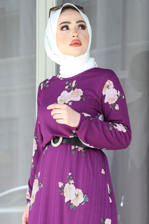  - Çiçek Desenli Kemerli Elbise 17650-1 Mor (1)