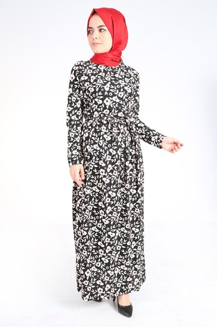 Çiçek Desenli Kuşaklı Elbise 14350-3 Ekru - Thumbnail