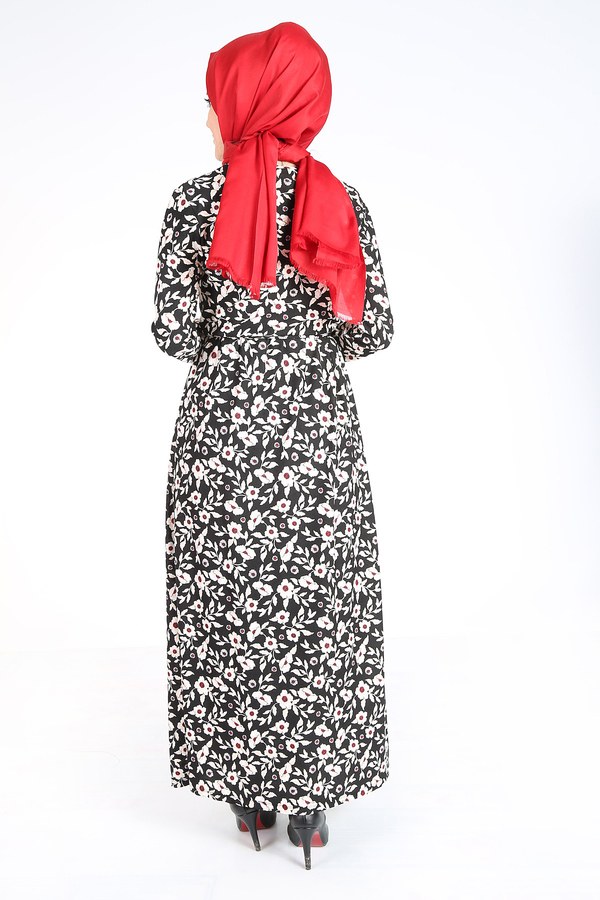 Çiçek Desenli Kuşaklı Elbise 14350-3 Ekru