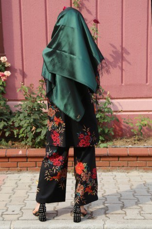 Çiçek Desenli Tunik-Pantolon Takım 9275-2 Siyah - Thumbnail