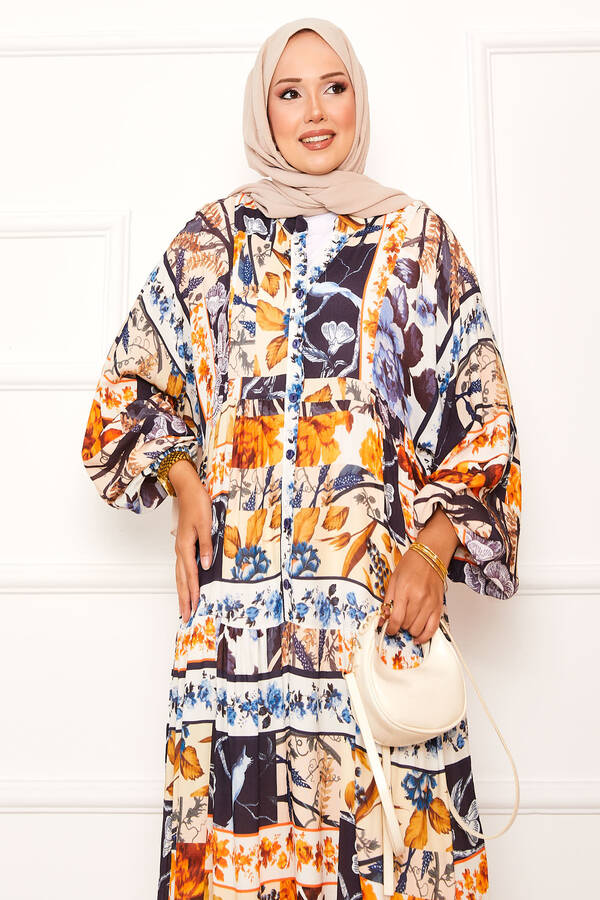 Ums - Çiçek Desenli Viskon Elbise Lacivert (1) Ums - Çiçek Desenli Viskon Elbise Lacivert (1)