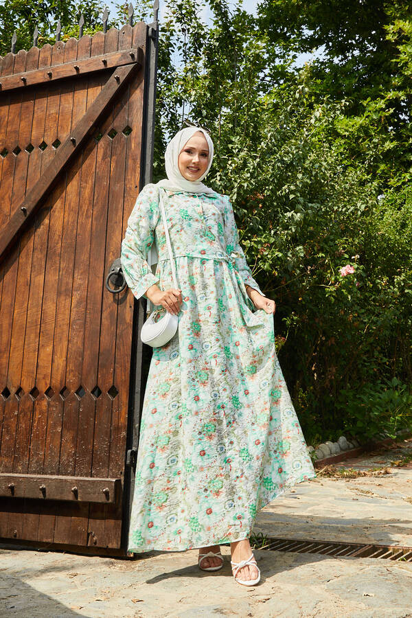 Çiçek Desenli Yandan Bağlamalı Elbise Yeşil - 3