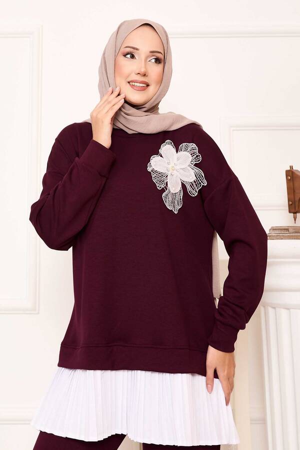 Ums - Çiçek Detaylı Eteği Piliseli Oyşo Takım Bordo (1)