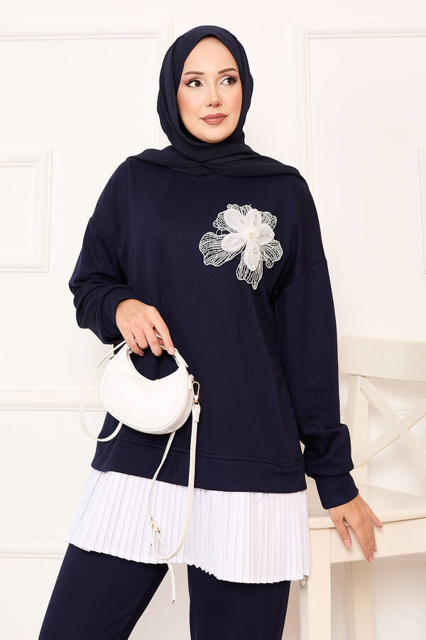 Ums - Çiçek Detaylı Eteği Piliseli Oyşo Takım Lacivert (1)