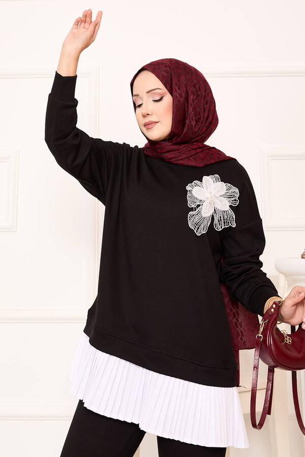 Ums - Çiçek Detaylı Eteği Piliseli Oyşo Takım Siyah (1)