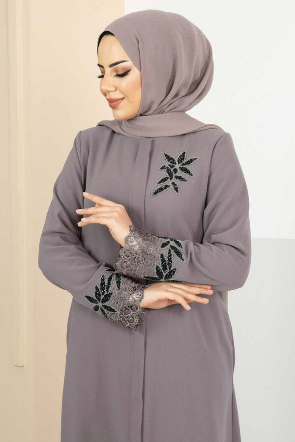 Oc - Çiçek Detaylı Güpürlü Tesettür Ferace Vizon (1)