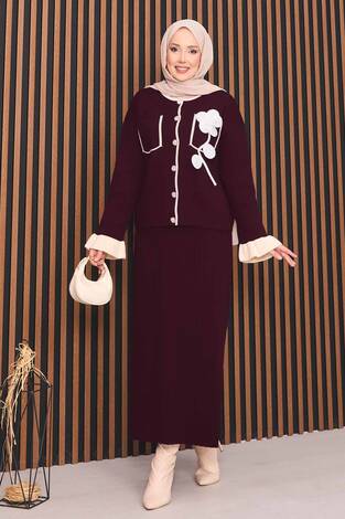 Çiçek Detaylı Sedef Düğmeli Tesettür Triko Takım Bordo - Thumbnail