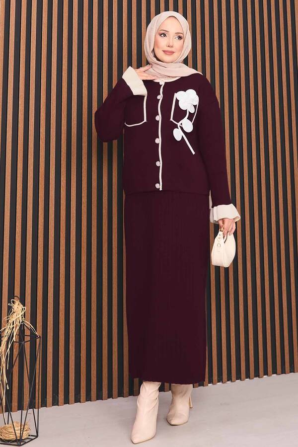 Frx - Çiçek Detaylı Sedef Düğmeli Tesettür Triko Takım Bordo