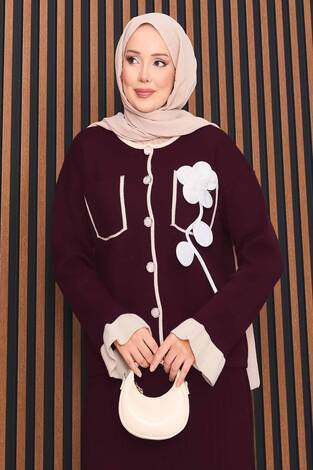 Çiçek Detaylı Sedef Düğmeli Tesettür Triko Takım Bordo - Thumbnail