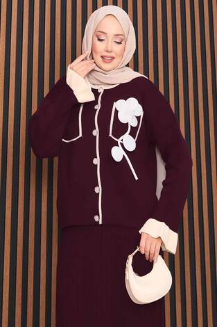 Çiçek Detaylı Sedef Düğmeli Tesettür Triko Takım Bordo - Thumbnail