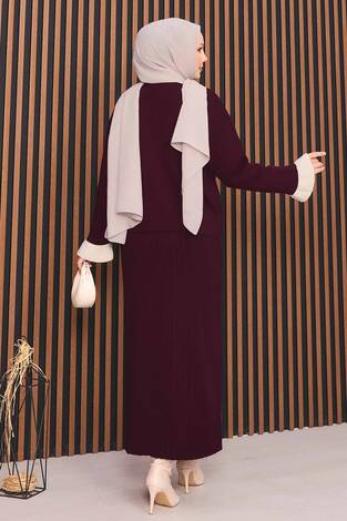 Çiçek Detaylı Sedef Düğmeli Tesettür Triko Takım Bordo - Thumbnail