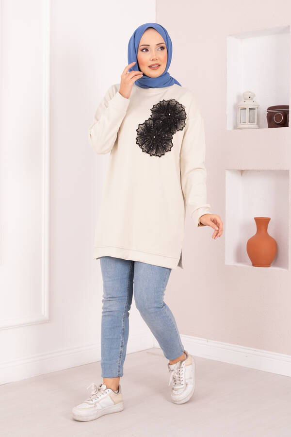 CVN - Çiçek Nakışlı Oyşo Tesettür Tunik Bej (1)