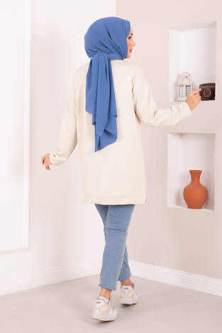 Çiçek Nakışlı Oyşo Tesettür Tunik Bej - Thumbnail