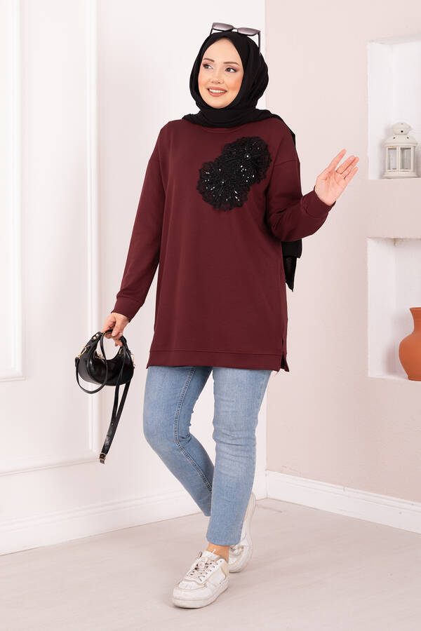 Çiçek Nakışlı Oyşo Tesettür Tunik Bordo - 3