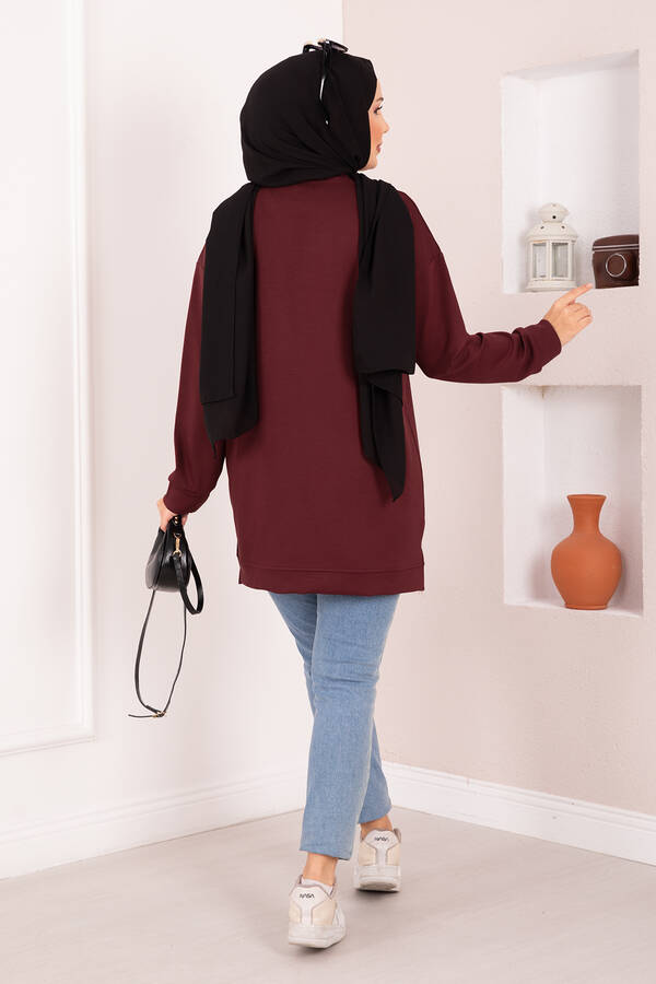 Çiçek Nakışlı Oyşo Tesettür Tunik Bordo - 4