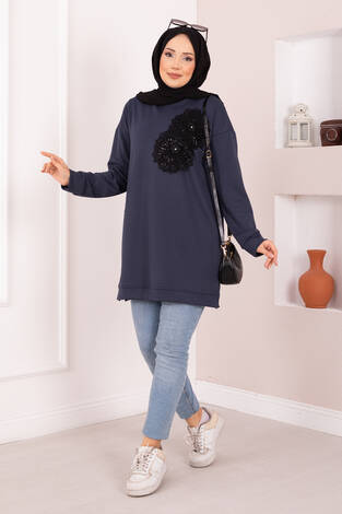 Çiçek Nakışlı Oyşo Tesettür Tunik Füme - Thumbnail