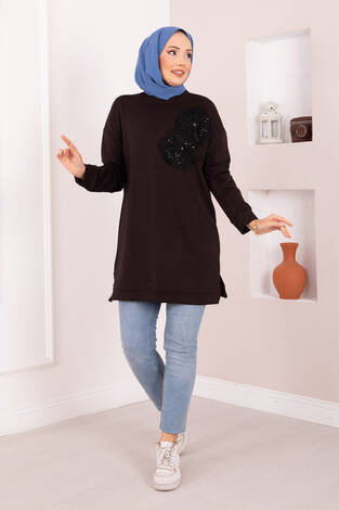 Çiçek Nakışlı Oyşo Tesettür Tunik Kahve - Thumbnail