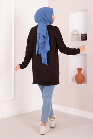 Çiçek Nakışlı Oyşo Tesettür Tunik Kahve - Thumbnail