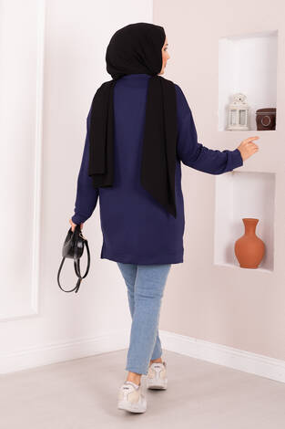 Çiçek Nakışlı Oyşo Tesettür Tunik Lacivert - Thumbnail