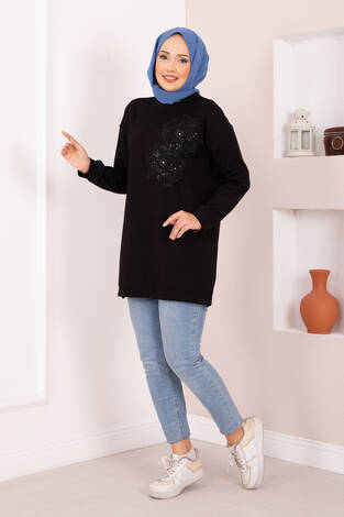 Çiçek Nakışlı Oyşo Tesettür Tunik Siyah - Thumbnail