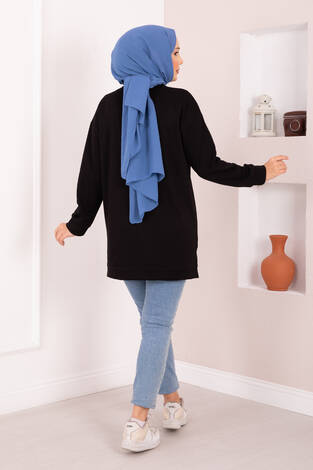 Çiçek Nakışlı Oyşo Tesettür Tunik Siyah - Thumbnail