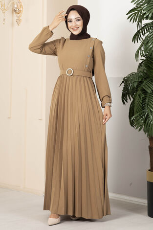 Çiçek Taşlı Piliseli Tesettür Elbise Camel - Thumbnail