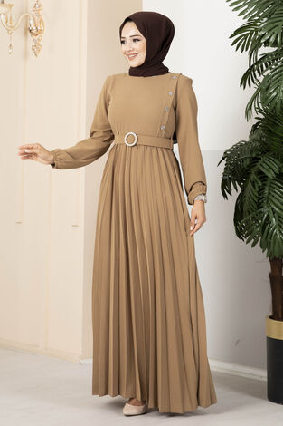 Çiçek Taşlı Piliseli Tesettür Elbise Camel - Thumbnail