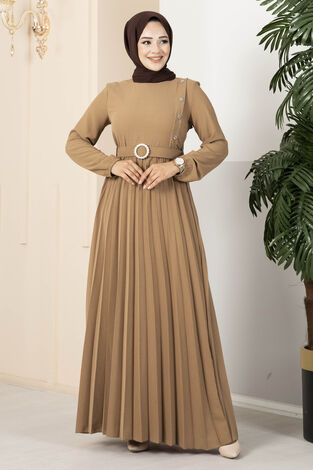 Çiçek Taşlı Piliseli Tesettür Elbise Camel - Thumbnail