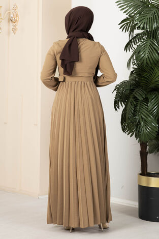 Çiçek Taşlı Piliseli Tesettür Elbise Camel - Thumbnail