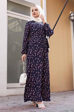 Çiçekli Tesettür Elbise 100MD1252 Lacivert - Thumbnail
