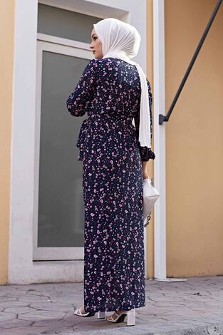 Çiçekli Tesettür Elbise 100MD1252 Lacivert - Thumbnail