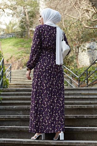 Çiçekli Tesettür Elbise 100MD1252 Mor - Thumbnail