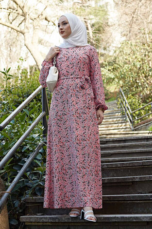 Çiçekli Tesettür Elbise 100MD1252 Pudra - Thumbnail