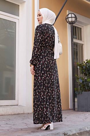 Çiçekli Tesettür Elbise 100MD1252 Siyah - Thumbnail