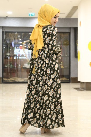 Çiçekli Fırfırlı Elbise 3085-17 Haki - Thumbnail