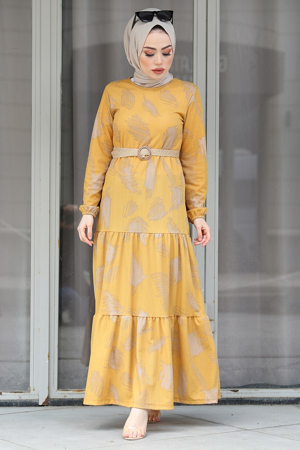 Çift Büzgülü Desenli Elbise 17688-7 Sarı