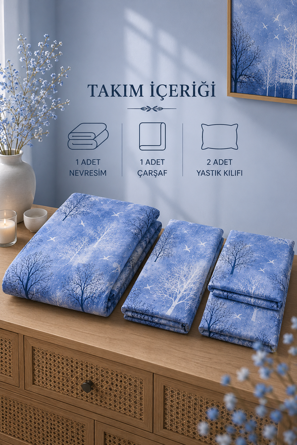 Hby - Çift Kişilik Desenli Nevresim Takımı Mavi (1)