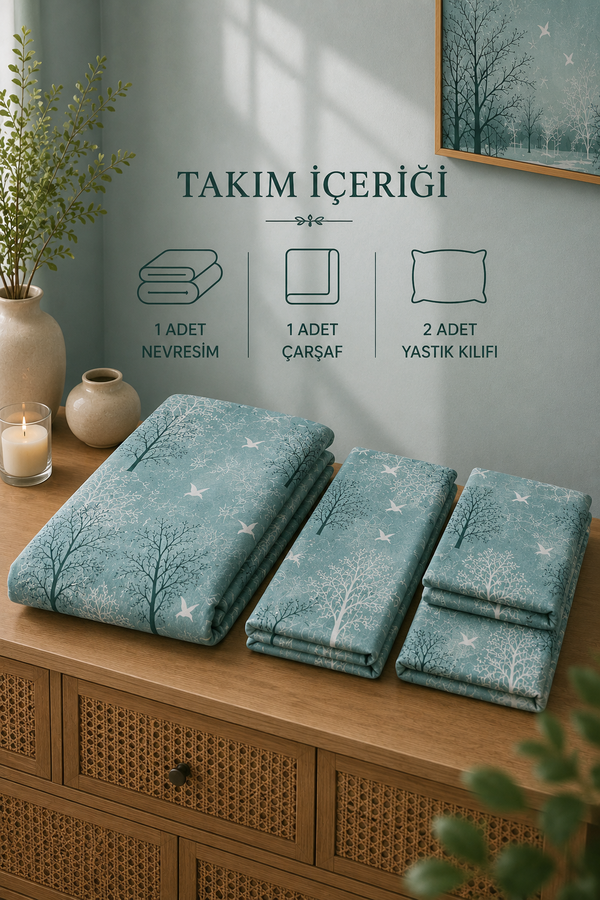 Hby - Çift Kişilik Desenli Nevresim Takımı Turkuaz (1)